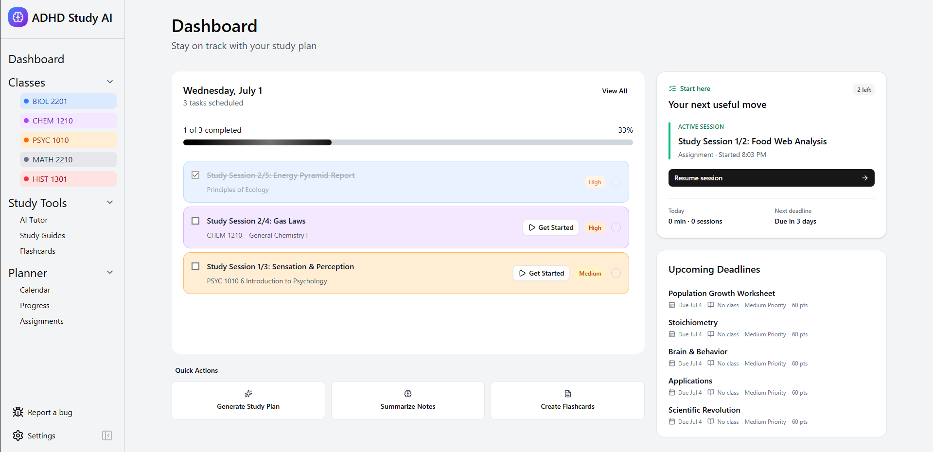 Screenshot of the ADHD Study AI dashboard